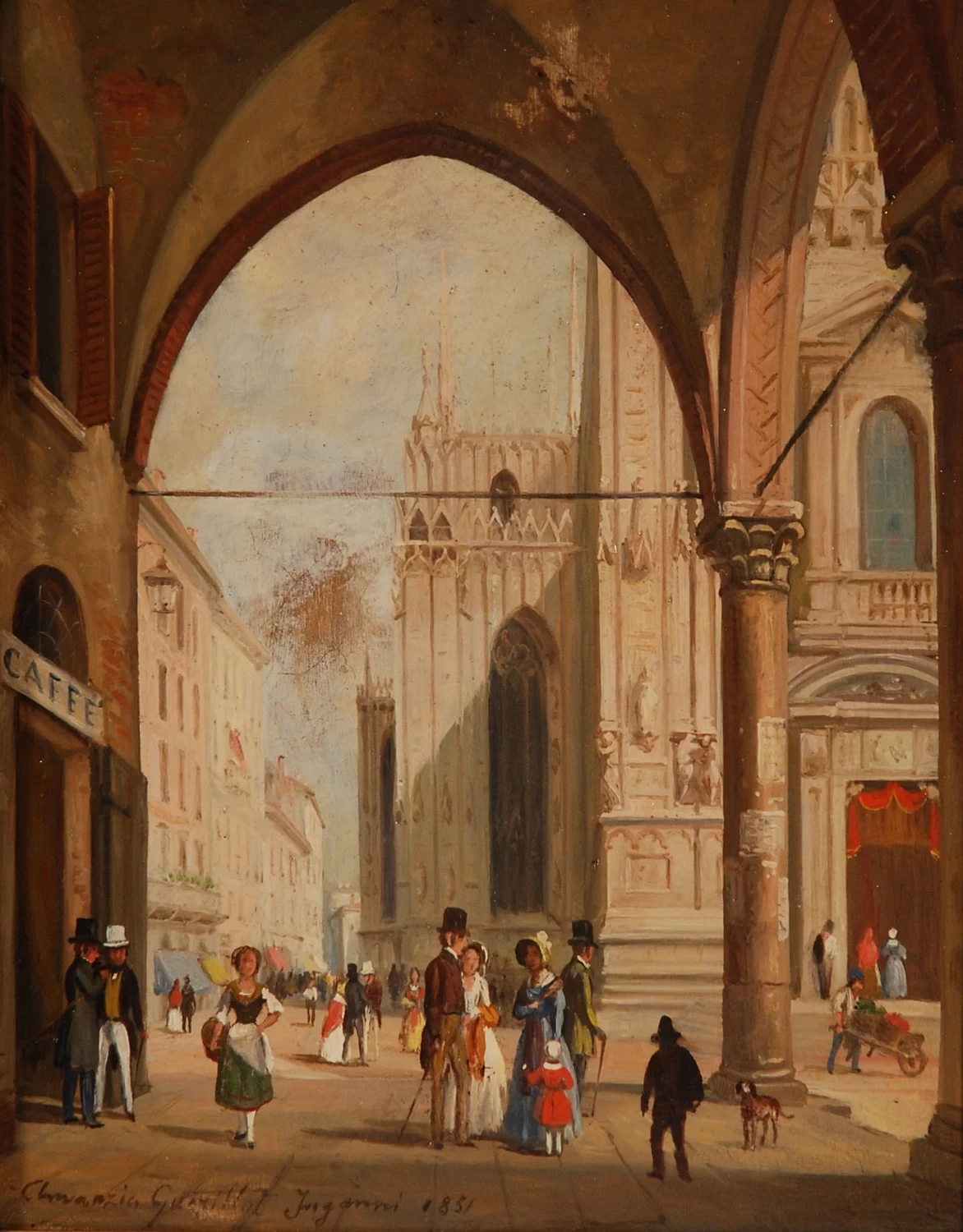 Milano. figure sotto i portici con scorcio del Duomo, 1851